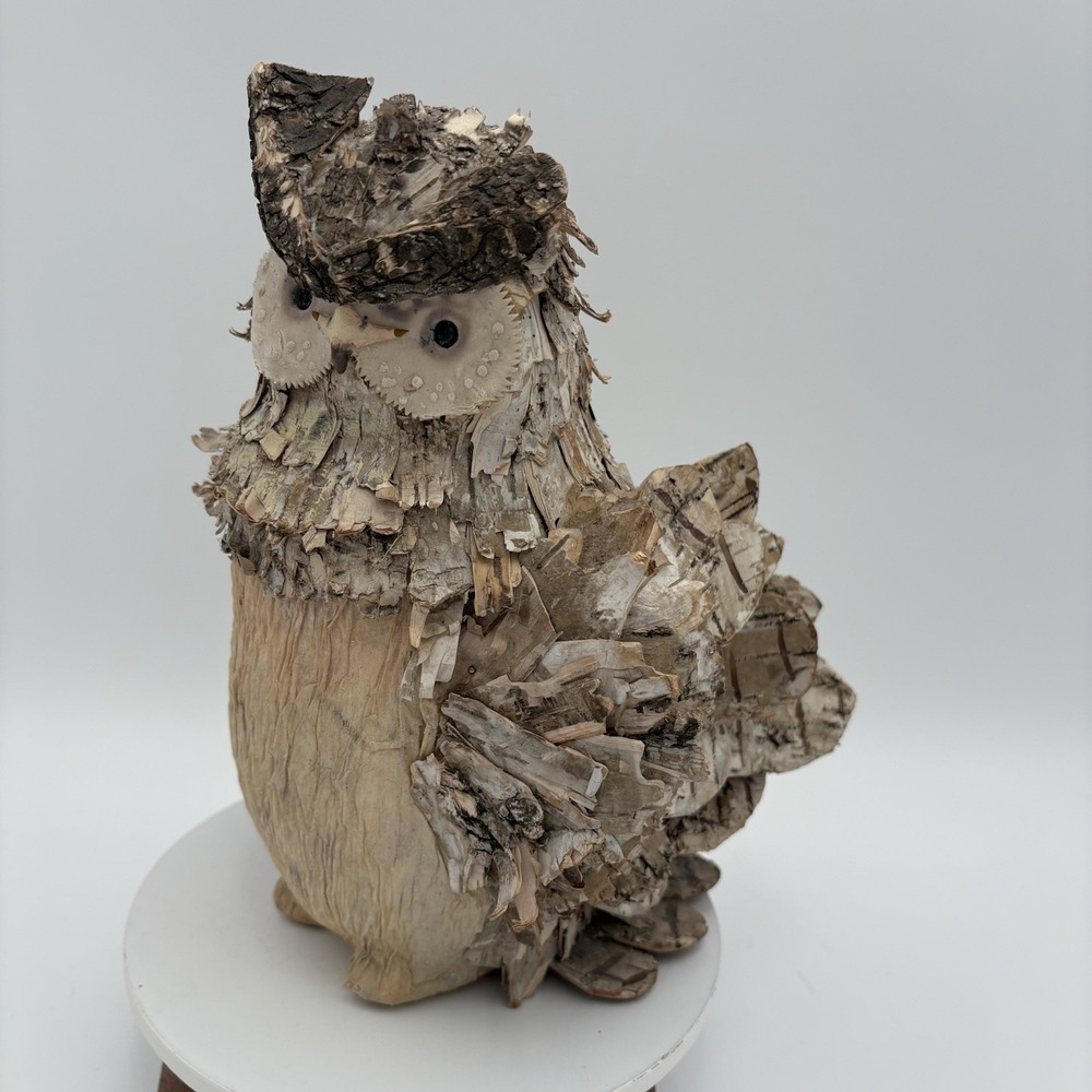 Handmade Owl Figurine Tree Bark Chips Papier-Mâché Mixed Materials Nature Vtg 9"
